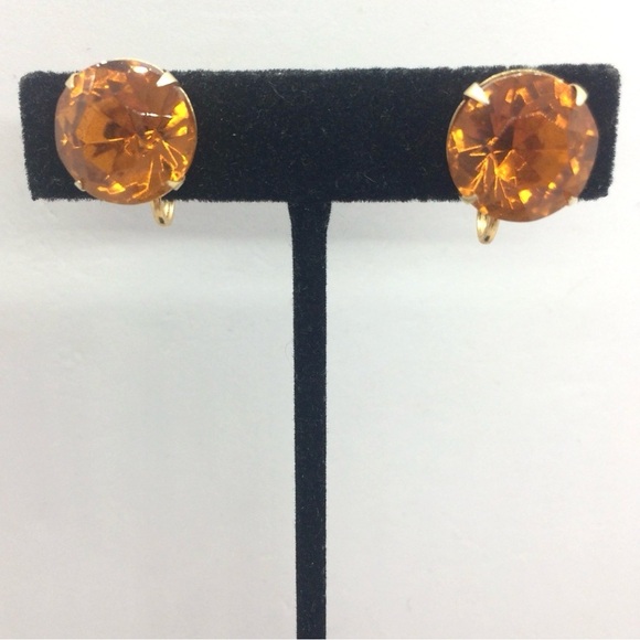 3/$30 VINTAGE AMBER COLOR GLASS SCREWBACK EARRINGS GOLD TONE CLIP RHINESTONE - Picture 1 of 16